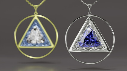 Macro focus triangular white gold necklace with blue diamond, gold necklace as blurred background from 3D render design.