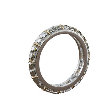 Platinum rings with diamonds surrounding the ring on isolated background in 3D render desing.