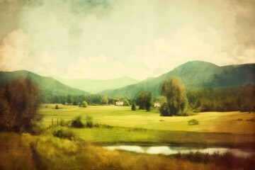 landscape watercolor painting of a river running through a farm with mountains, cloudy sky