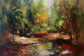 landscape painting of a river running through a forest, impressionist modern artwork