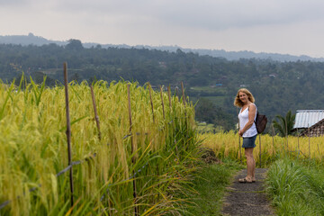 Jatiluwi, Bali, Indonesia A woman tourist in the Jatiluwi rice terraces, a Unesco world heritage site.