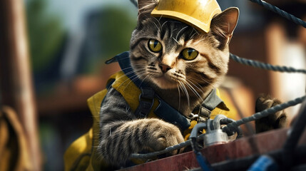 An electrician cat wearing a hard hat and safety vest is repairing a power line. .Generative AI