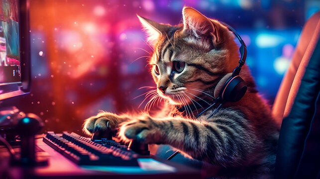 Fototapeta A gamer cat with headphones, inside his gamer setup plays video games on a gamer PC. .Generative AI