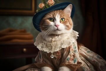 Cat dressed in vintage clothes in Victorian style, portrait in the style of the 19th century, funny cute cat in human clothes. AI generated image. - obrazy, fototapety, plakaty