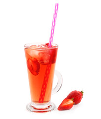 Glass cup of tasty strawberry drink on white background