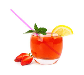 Glass of tasty strawberry drink on white background