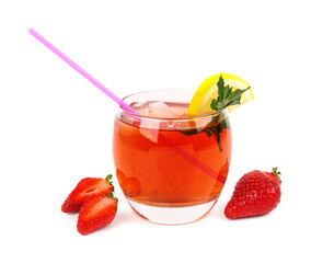 Glass of tasty strawberry drink on white background