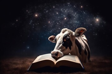 Cute cow reading book character. Generative Ai.