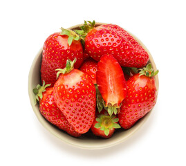 Bowl with fresh strawberries on white background