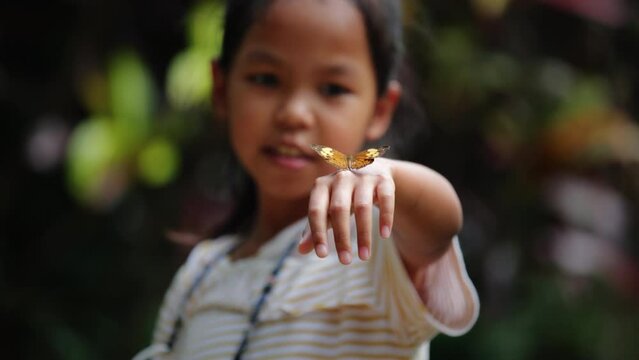Beautiful butterfly flapping wings on kid hand in the forest