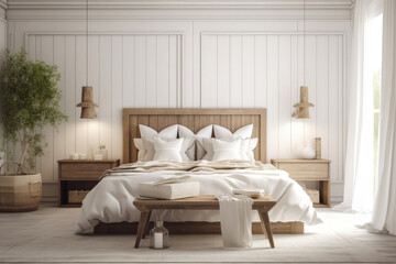 a very clean and white bedroom with wood accents, in the style of charming, generative AI