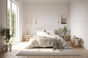 a very clean and white bedroom with wood accents, in the style of charming, generative AI