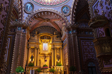 ornate apse and sanctuary of our lady of guadalupe temple interior in rococo and late baroque architectural style morelia, michoacan, mexico