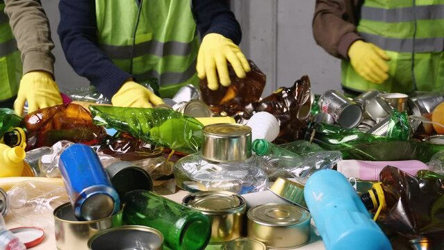 Recycling Center Workers. Plastic bottles, aluminum cans, glass, paper waste, cartons, and cardboard sorting