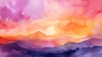 A bright sunset sky with colorful watercolor background and puffy clouds in rainbow colors, Generative AI