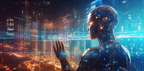 a futuristic image of a robot looking at electronic signs, in the style of gesture