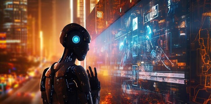 a futuristic image of a robot looking at electronic signs, in the style of gesture