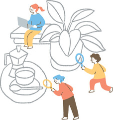 植物とコーヒーと本を調査する男女3人