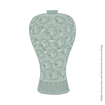 This illustration is 'Celadon Prunus Vase with Inlaid Cloud and Crane Design', a celadon from the Goryeo Dynasty in Korea. It is a national treasure of Korea.