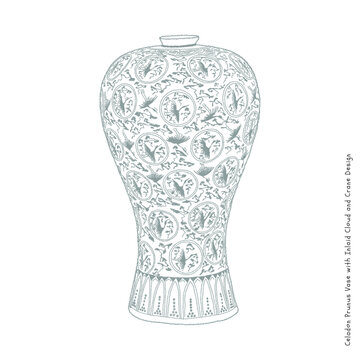 This illustration is 'Celadon Prunus Vase with Inlaid Cloud and Crane Design', a celadon from the Goryeo Dynasty in Korea. It is a national treasure of Korea.