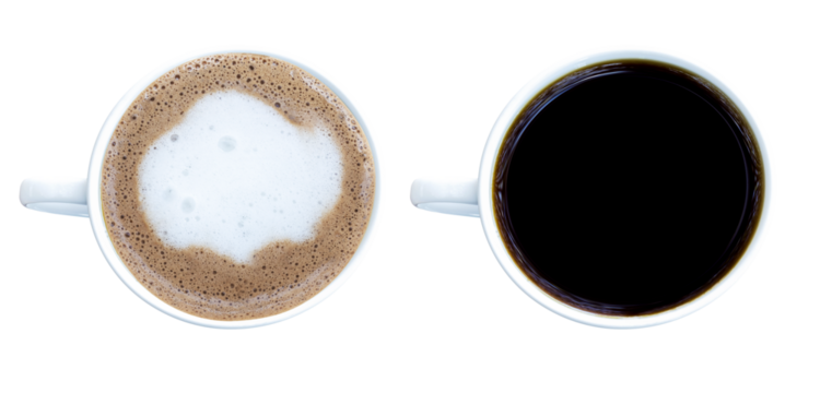Top view mocha and black coffee in white cup