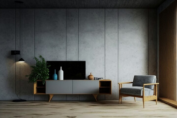 Living room interior with Television stand and gray armchair
