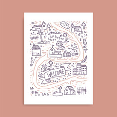 hand drawn map of village, building, road, little houses and mountain doodle. urban fantasy map