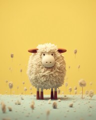 Adorable baby sheep toy on a yellow background. Studio portrait of fuzzy ram. Cute and cuddly plush.