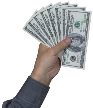 Male Hand Holding 100 US Dollar Bills Isolated On Transparent Background