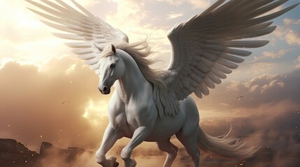 Pegasus. Ancient Greek flying horse. White stallion with flowing mane. Majestic portrait. 