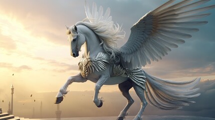 Obraz na płótnie Canvas Pegasus. Ancient Greek flying horse. White stallion with flowing mane. Majestic portrait. 