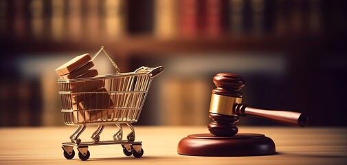 AI generated: Shopping trolley cart and hammer judge gavel on wooden table with white wall background. Consumer rights and and responsibilities to safety, customer protection, commercial law - obrazy, fototapety, plakaty