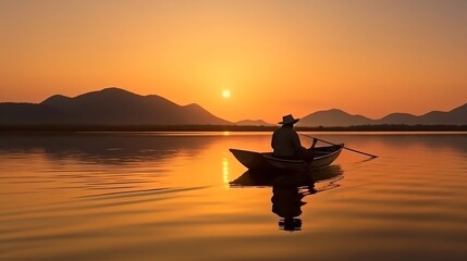 AI generated: Tranquil Serenity of a Fishing Angler on a Calm Lake at Sunset 