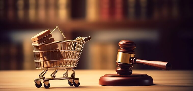 AI generated: Shopping trolley cart and hammer judge gavel on wooden table with white wall background. Consumer rights and and responsibilities to safety, customer protection, commercial law