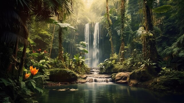 Fototapeta Tropical rainforest waterfall in the jungle landscape. Palm trees pond misty morning flowers and tropics.