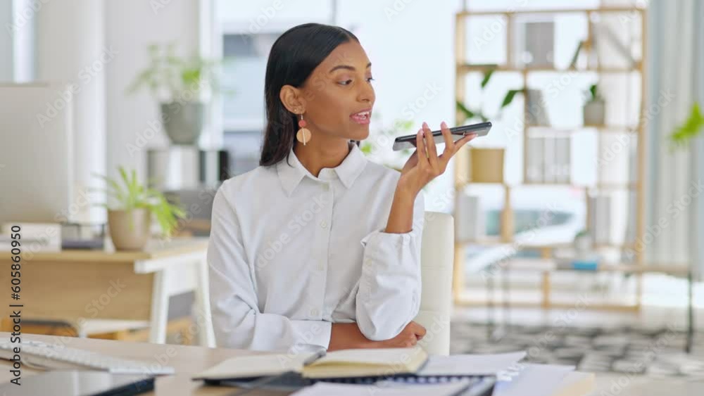 Poster voice note, office and business woman with a phone talking about a work schedule and networking. pla