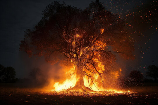 An orange and yellow burning tree against a striking red sky, a symbol of the destruction wrought by natural disasters. AI Generative