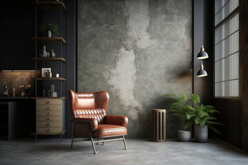 Loft-style Interior with leather armchair with dark cement wall