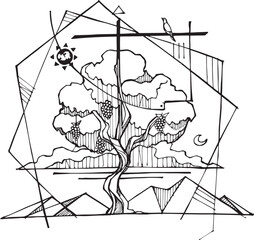 Hand drawn illustration of vine and branches.
