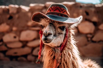 Deurstickers Lama llama wearing sunglasses in Peru, llama dressed up in a costume, llama wearing a hat, llama in Peru. Llamas are adorable, and the ones in Peru are some of the most beautiful in all of South America
