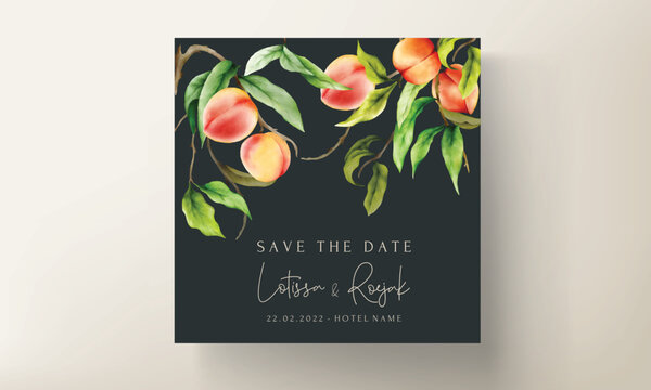 wedding invitation card with watercolor peach fruit and green leaves hand drawn