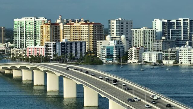 Sarasota city downtown with Ringling Bridge and expensive waterfront high-rise buildings in Florida. Urban travel destination in the USA