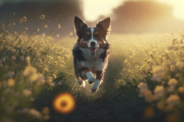 dog running flowers field water splash sunlight sky aft, Generative AI