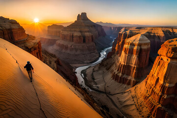 grand canyon sunset, steep high cliffs, a cliff split between two towering hills