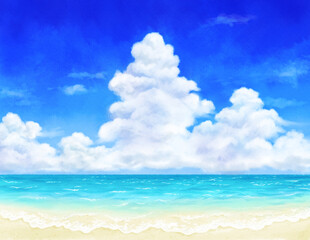 Obraz premium Blue sky, cumulonimbus, sea and beach drawn with digital watercolor