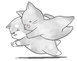 柴犬にとびつく猫