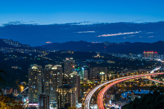 Sunset view of train tracks at Qingnian Pavilion, Xindian District, New Taipei City, Taiwan