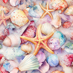Seamless design with Sea Shells and Sea Stars . AI generated Illustration. - 605864114