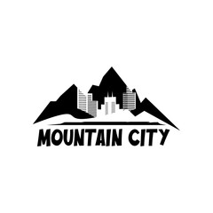 Black and white logo illustration for mountain and city