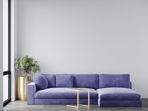 Lavender purple large sofa - accent room design. Livingroom with white wall mockup background for art. Light interior and golden decorative elements - table. Luxury space lounge or salon. 3d rendering